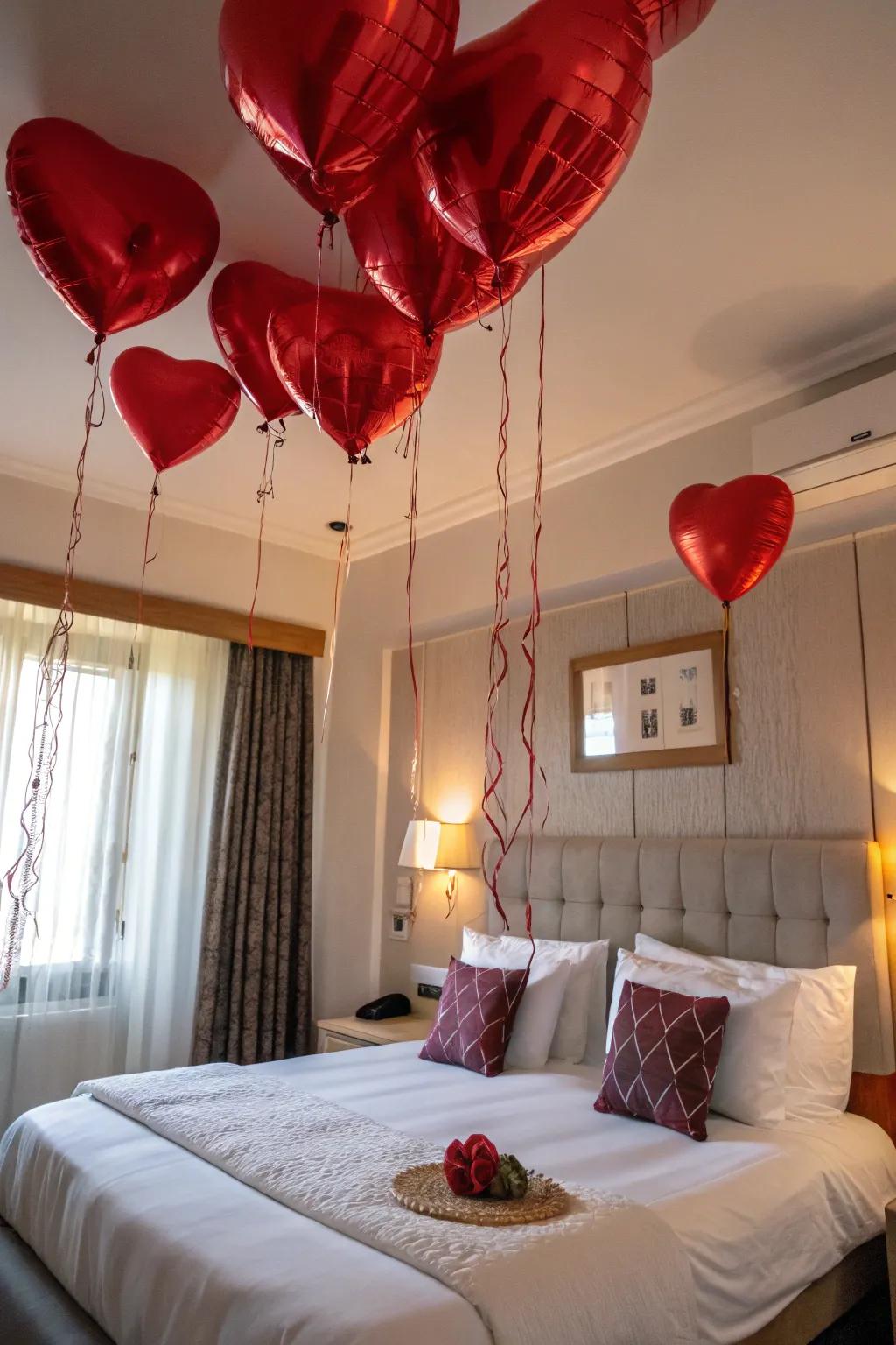 Celebrate love with heart-shaped balloons adorning your room.