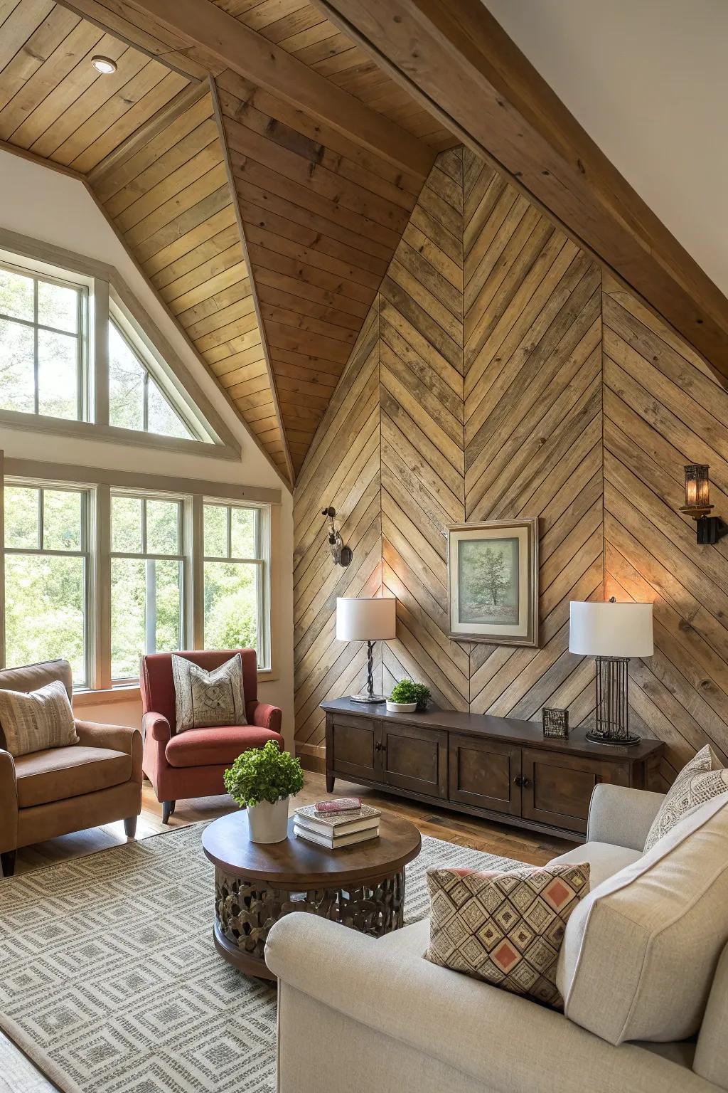 Living room featuring a vaulted ceiling and an embossed timber panel accent wall