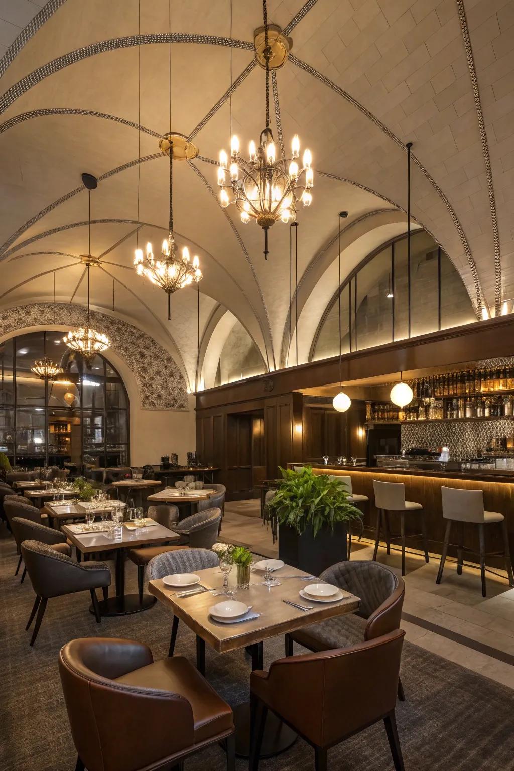 Pendant lights provide an elegant touch, emphasizing the height of a vaulted ceiling.