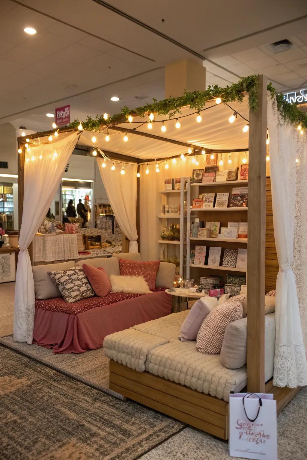 A vendor area fashioned into a cozy lounge, furnished with comfortable seating.
