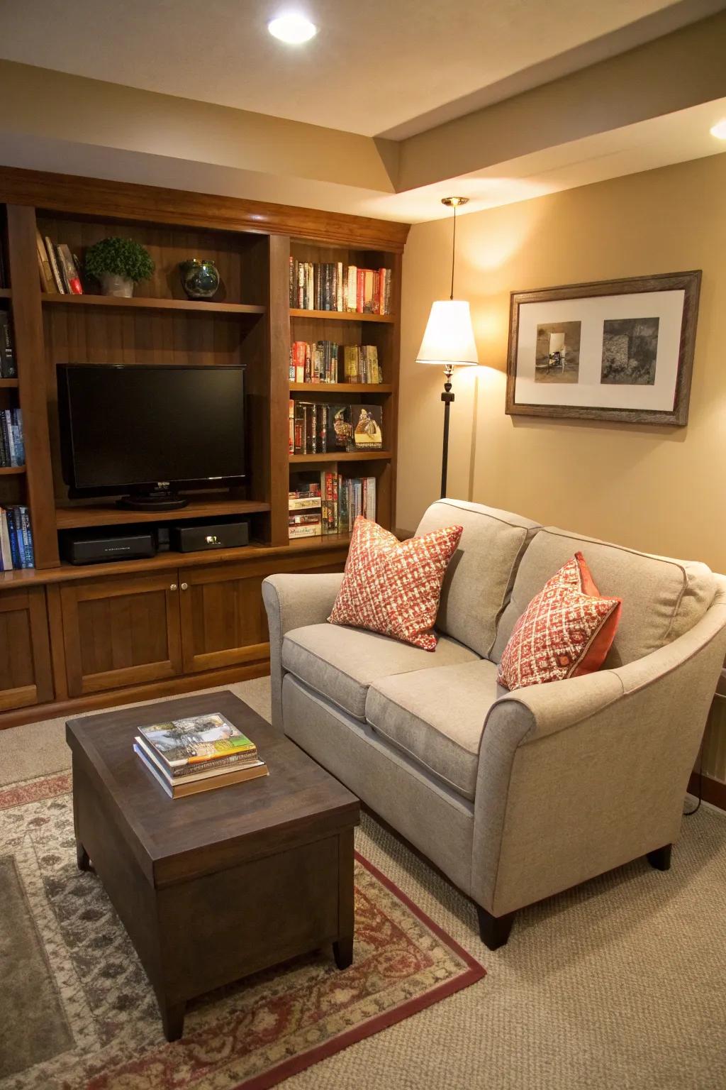 A space-saving loveseat brings warmth to a small TV room
