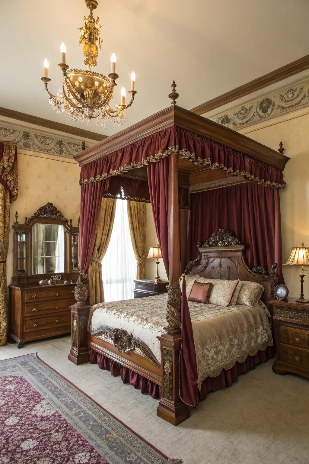 Luxurious velvet and silk textiles evoke the Victorian aesthetic.