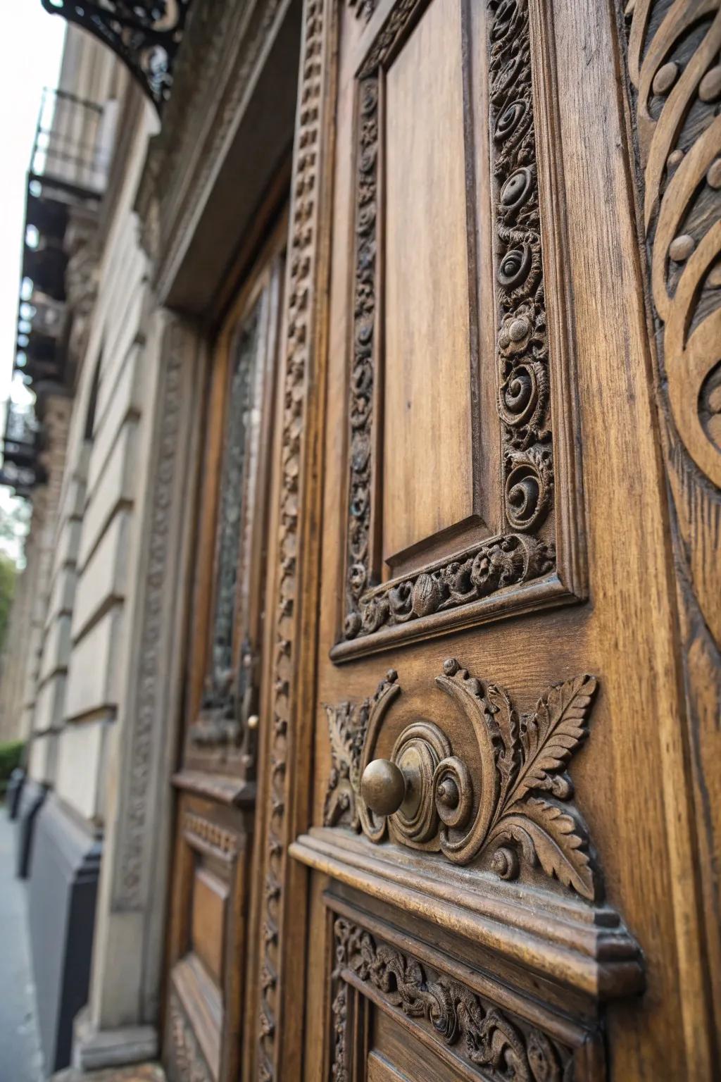 Intricate sculptures bestow refinement upon this Victorian front door.