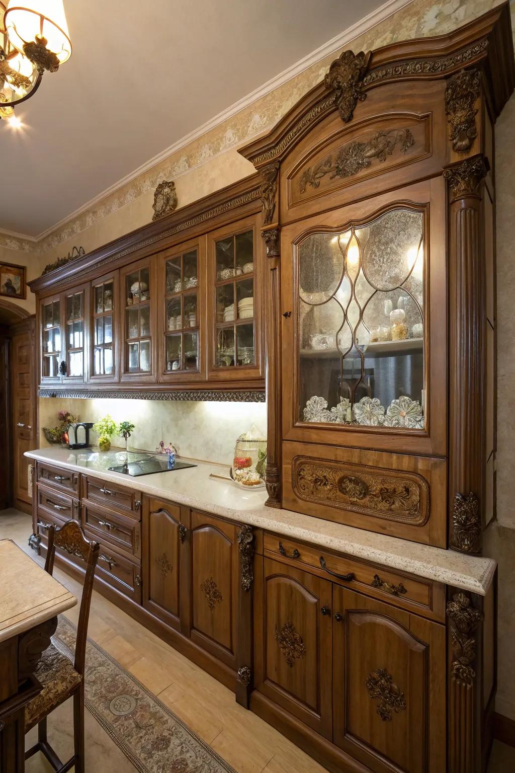 Detailed cabinetry featuring intricate designs establishes the ambiance for a Victorian cooking area.