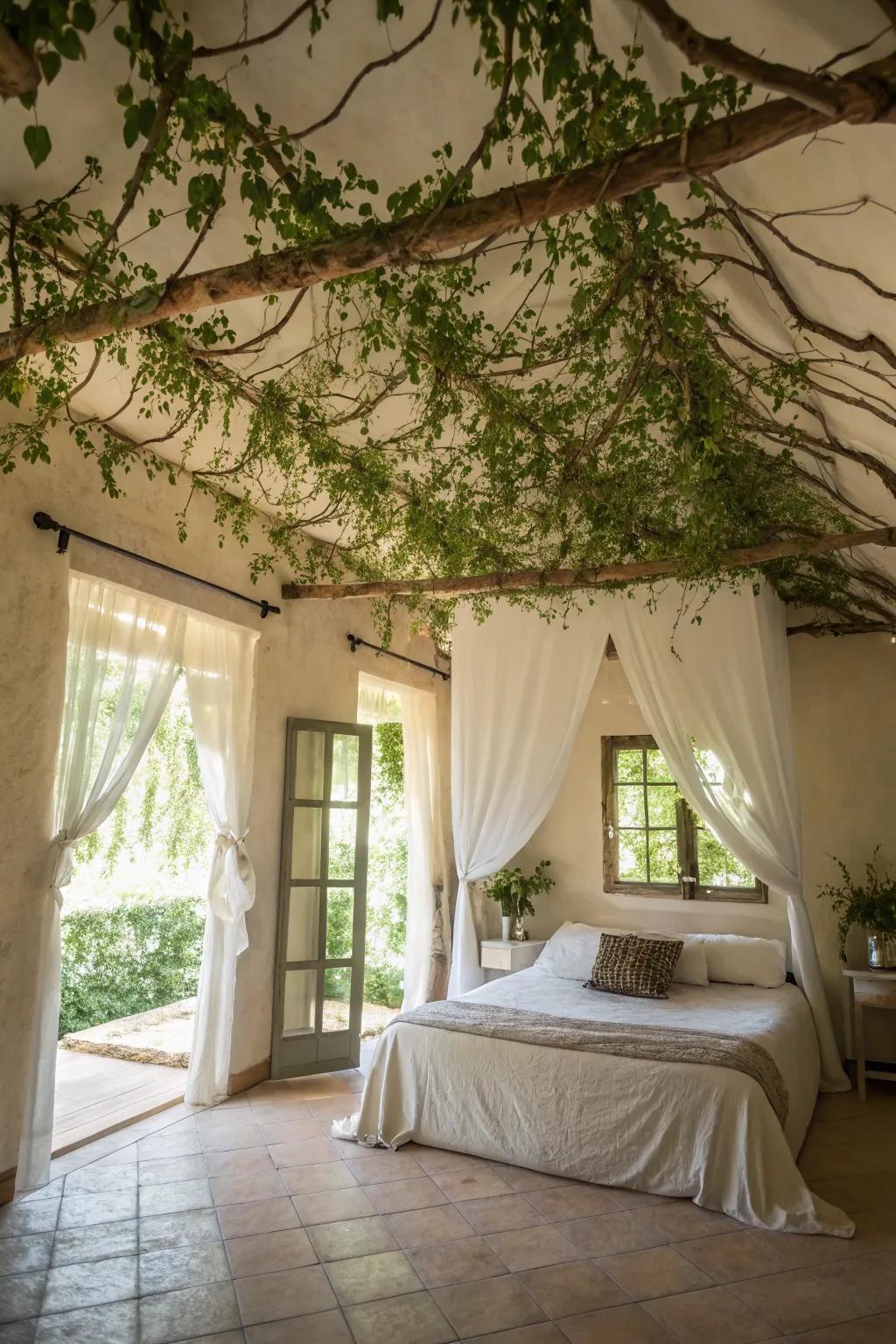 A bedroom metamorphosed with a vine canopy, creating an ethereal and enchanting ambiance.