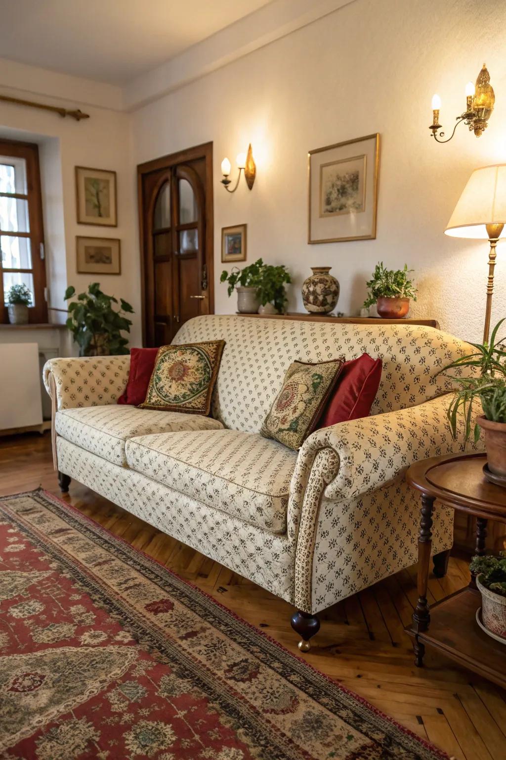 A vintage sofa, classically upholstered, serves as the anchor of an inviting living space.