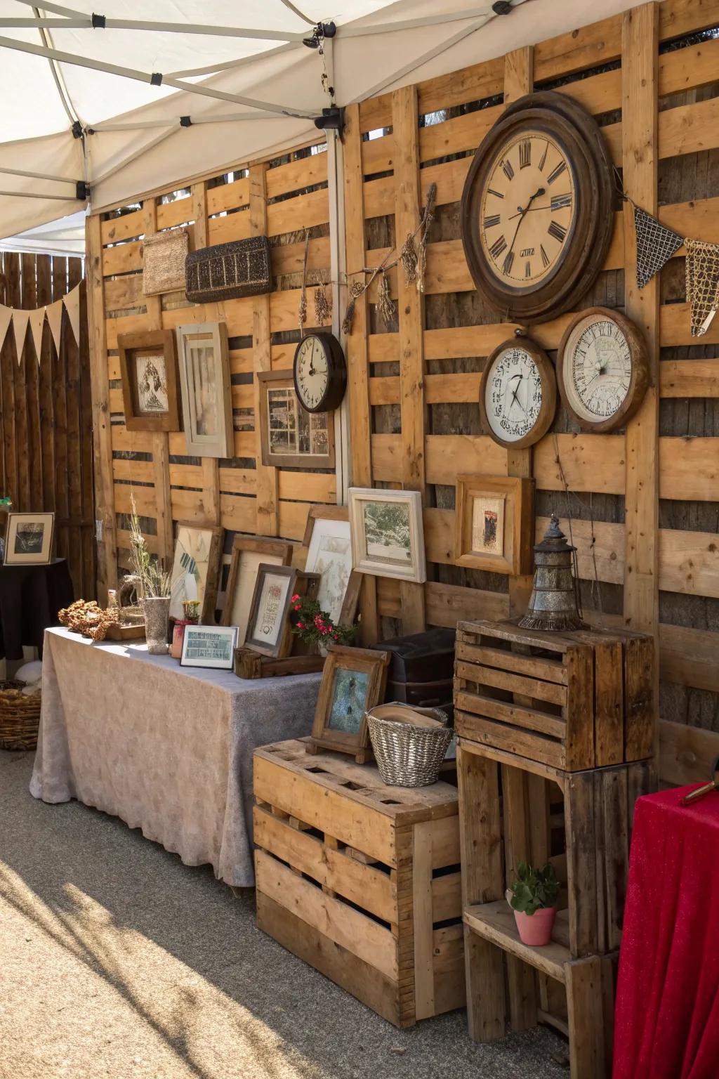 A weathered market stall featuring timber backdrops and classic décor.