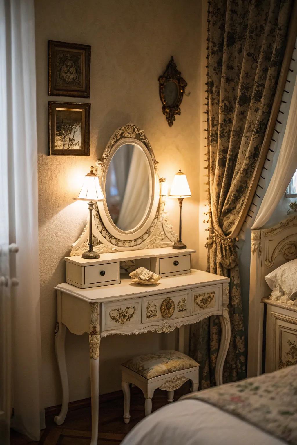 A decorated looking glass introduces a hint of ageless sophistication to every antique dressing table.