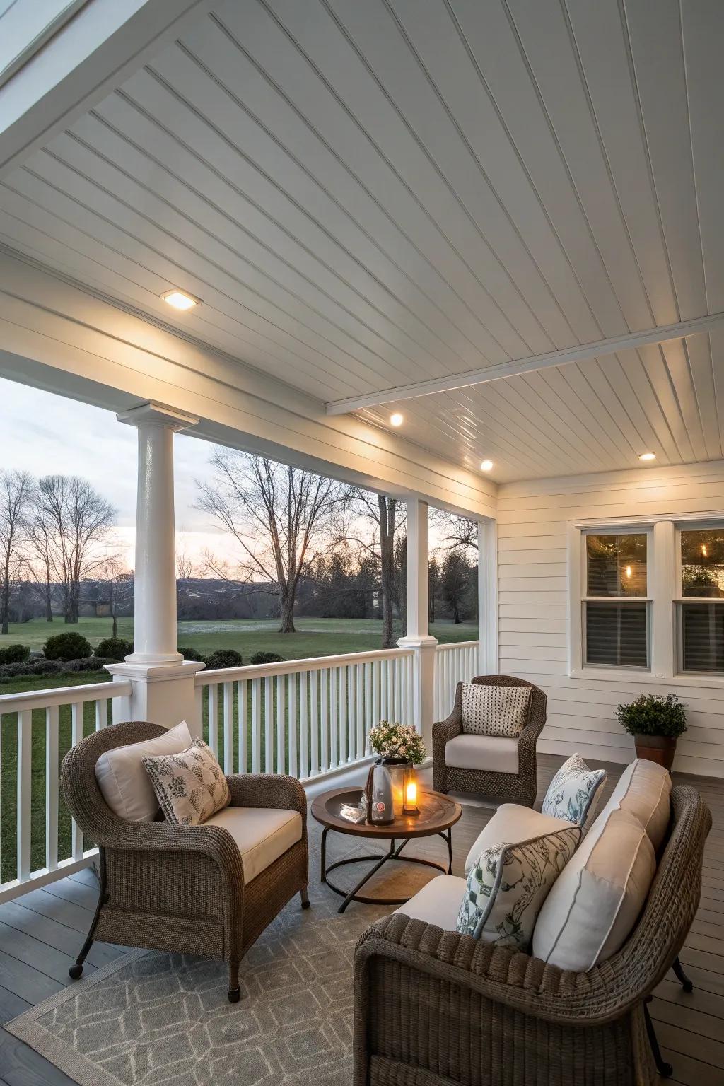 Classic white vinyl panels give your porch a modern, clean ambiance.