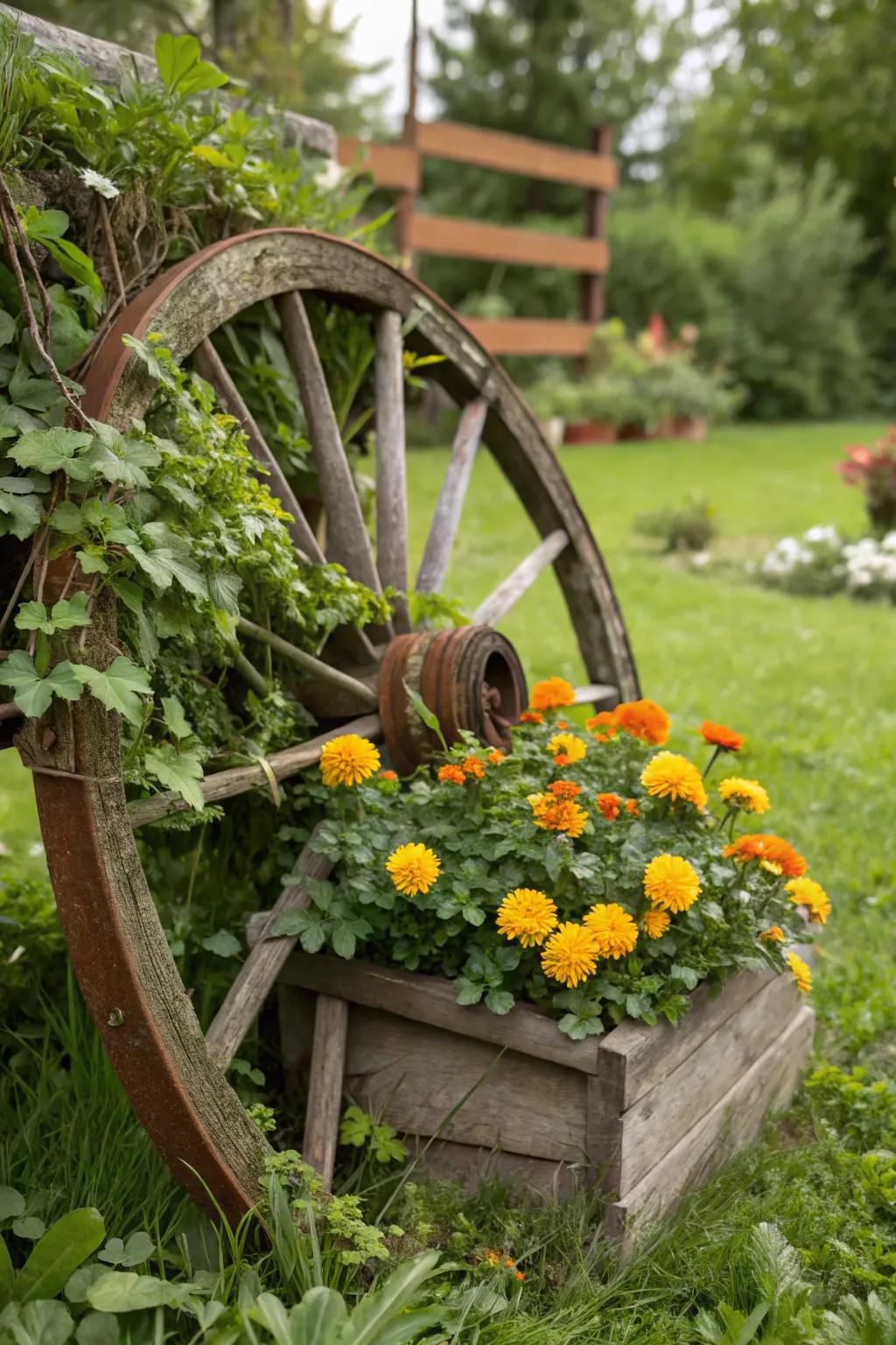 A carriage wheel planter highlighted by brilliant gold blooms and cascading greenery.
