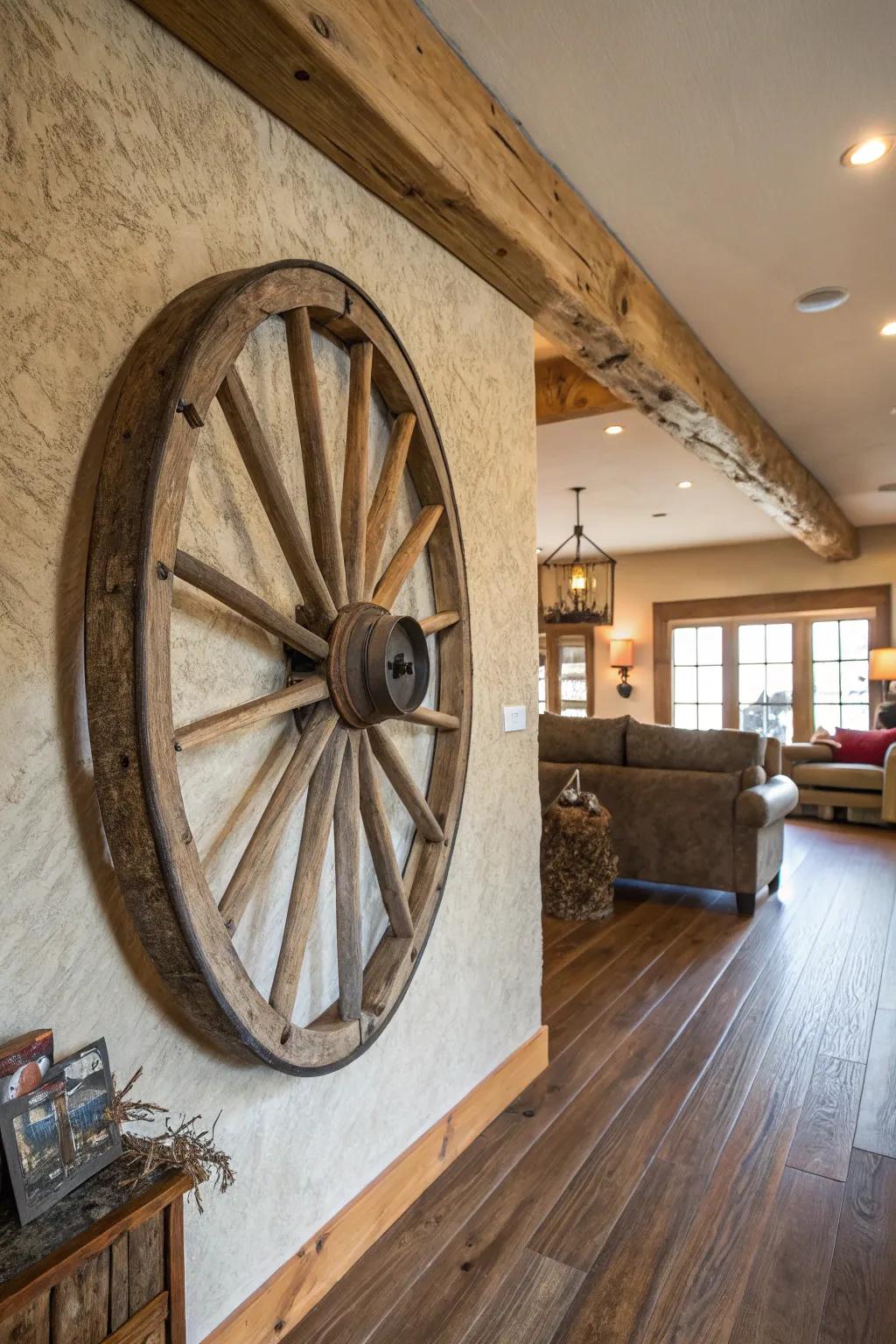 A cartwheel evolves into a mesmerizing focal point in this agrarian-inspired family room.
