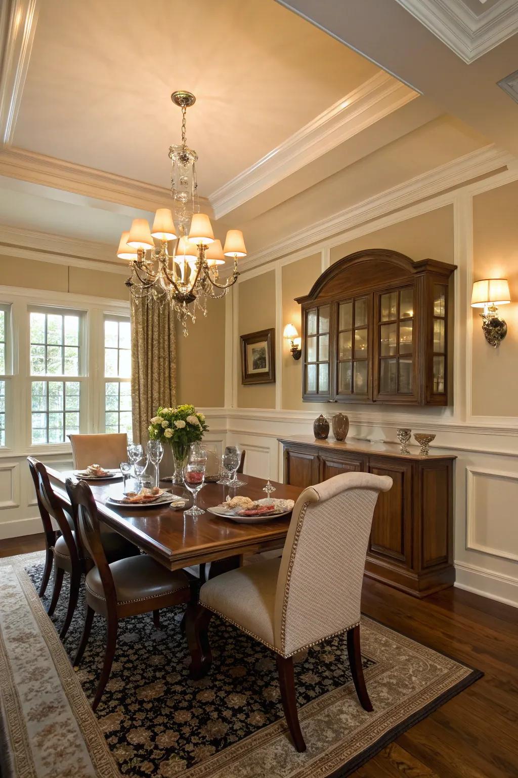 Classic elevated panel wainscoting showcased within a dining ambiance.