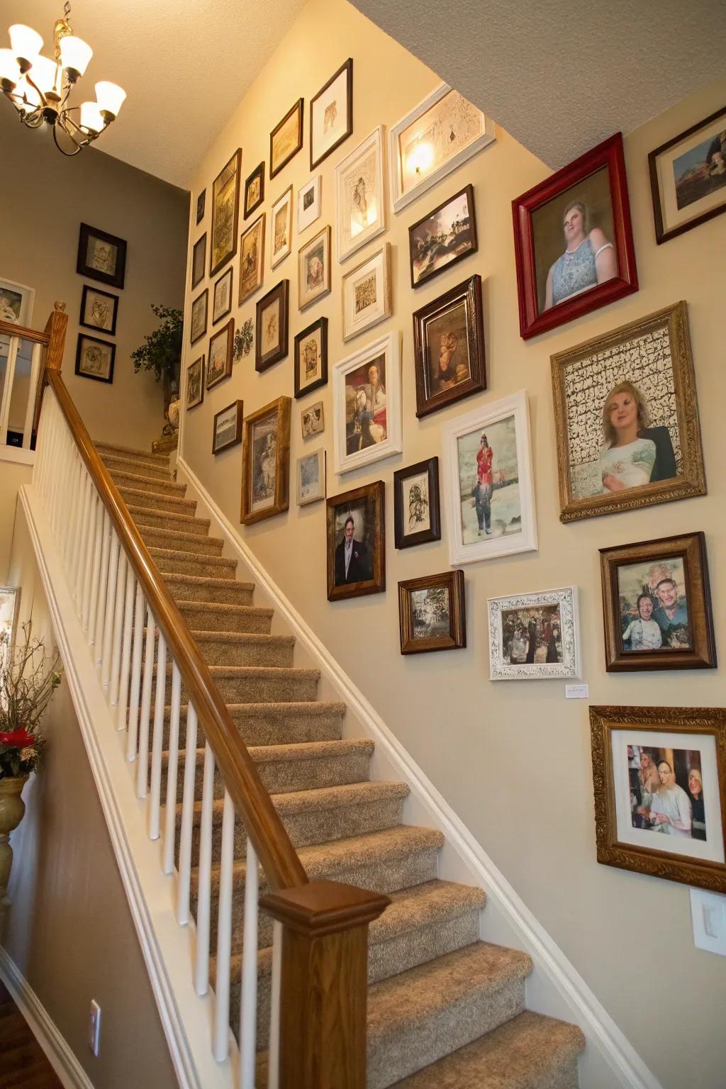 A gallery wall gracing the staircase injects a personal flair into your abode.