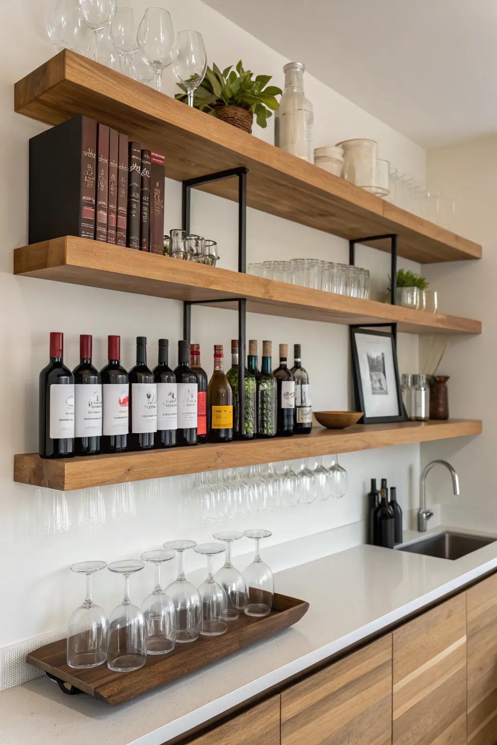 Floating ledges proffer an understated layout for a modern domicile bar configuration.