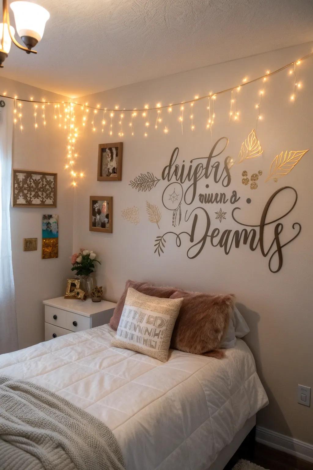 Bedroom wall adorned with elegant quotation appliqués, inspiring a positive start to the day.