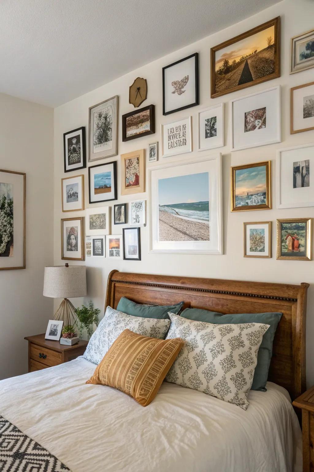 A personalized gallery wall enhances the bedroom with sophistication and character.