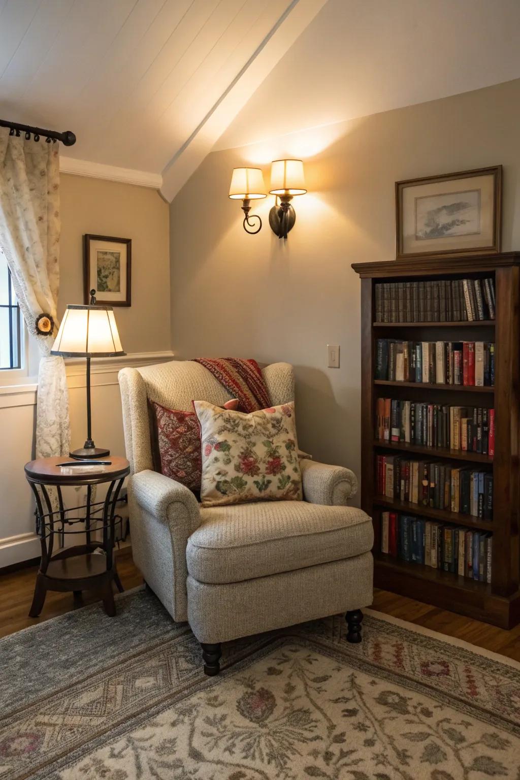 Design a comfortable reading space using radiant wall lights.