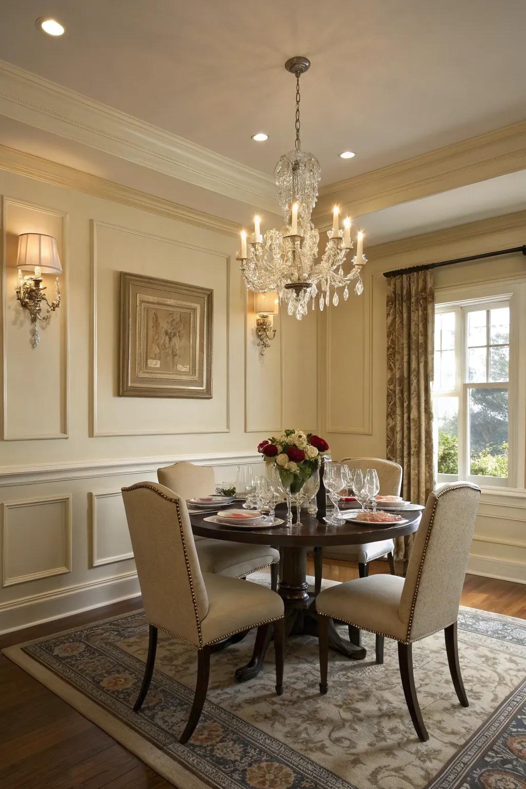 Enhance your dining room with traditional lower wall paneling.