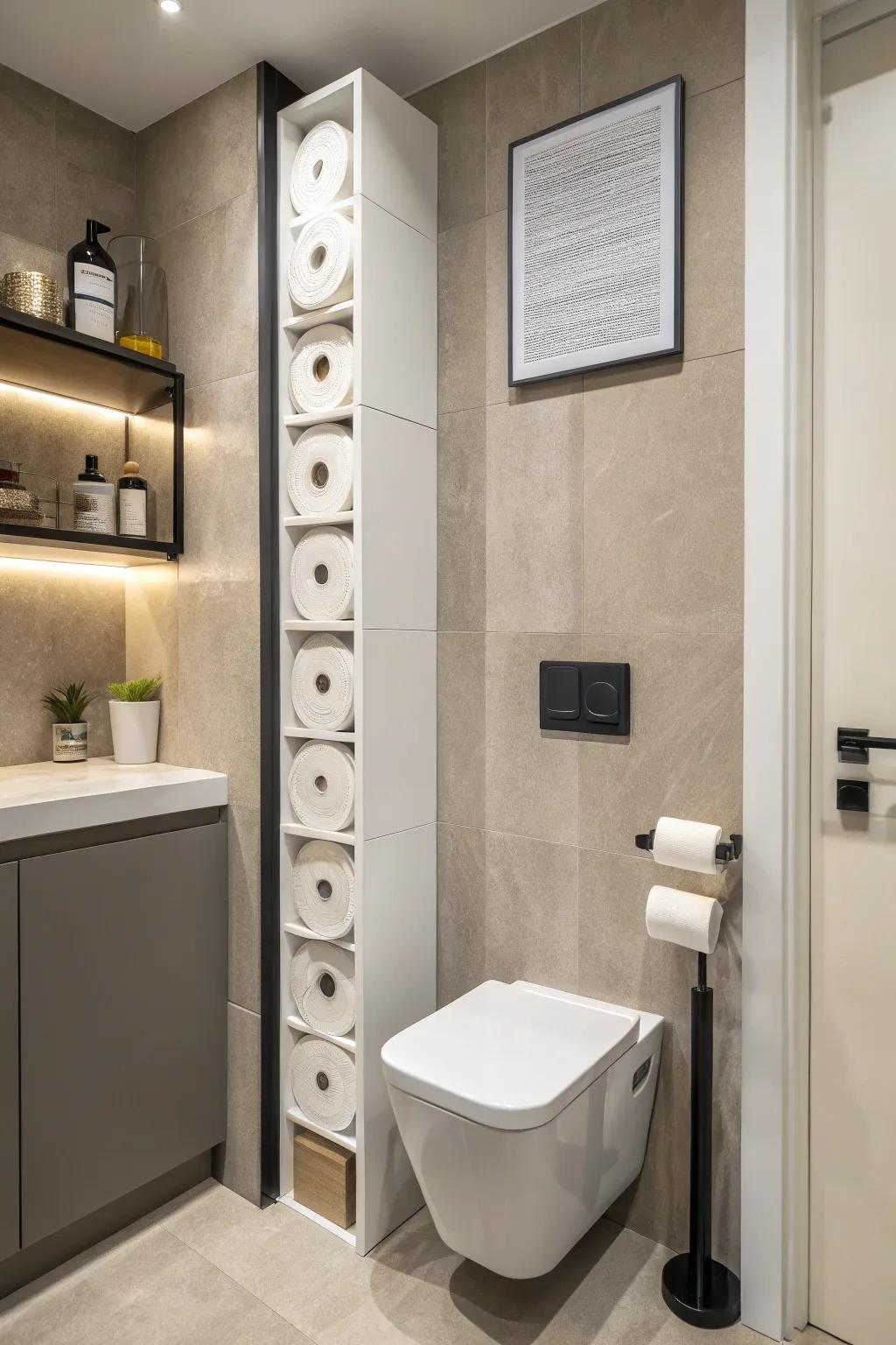 Refine your bathroom aesthetic with vertical paper storage.