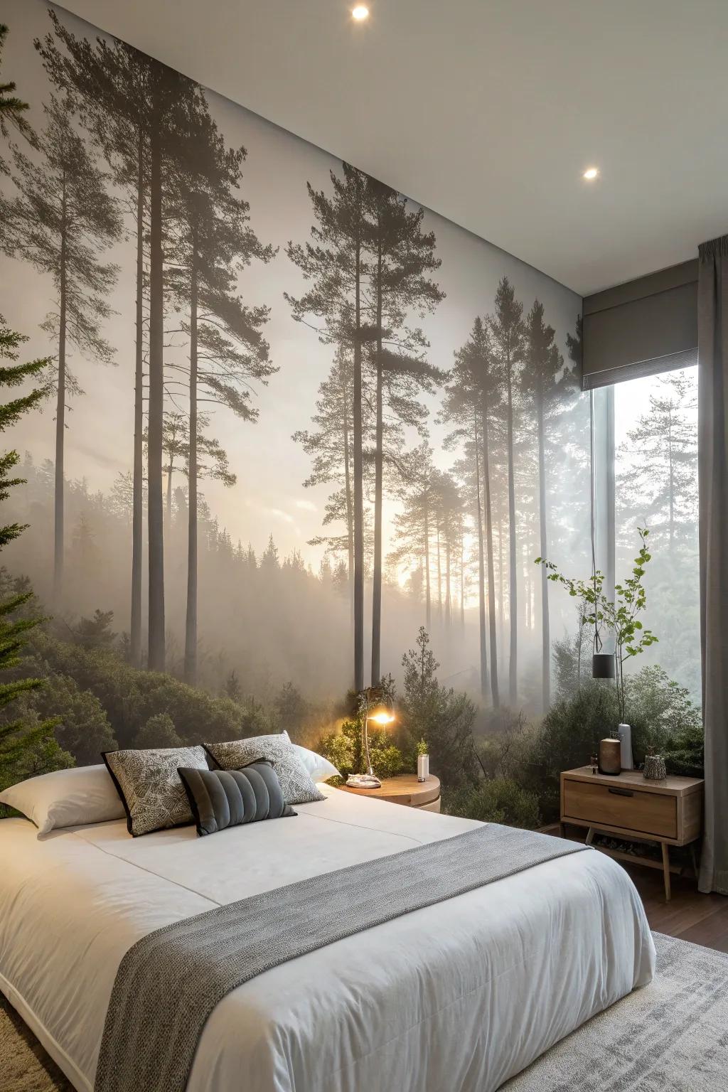 Design a calming retreat with a woodland wall painting in your bedroom.