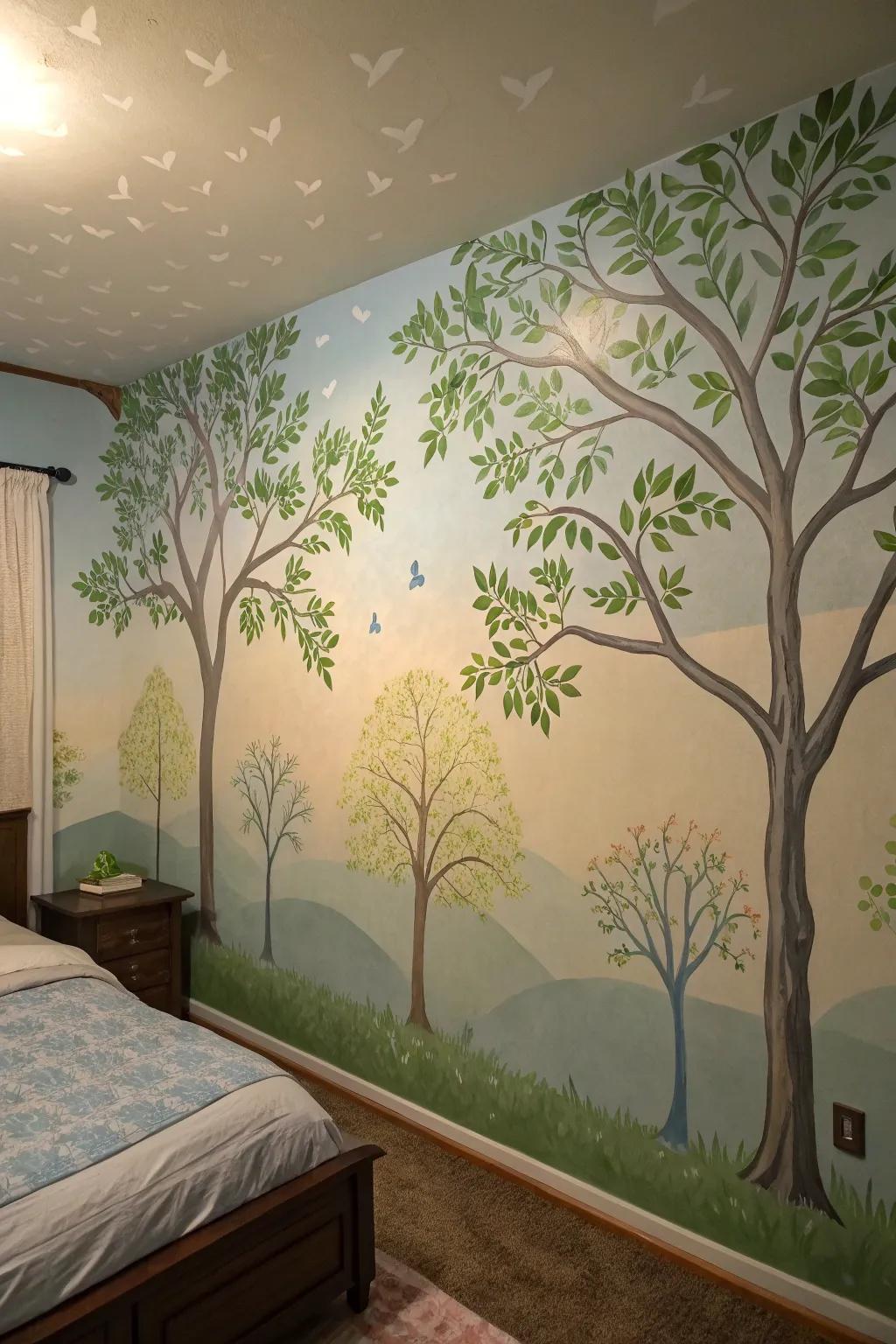 A serene nature-themed mural graces a bedroom.