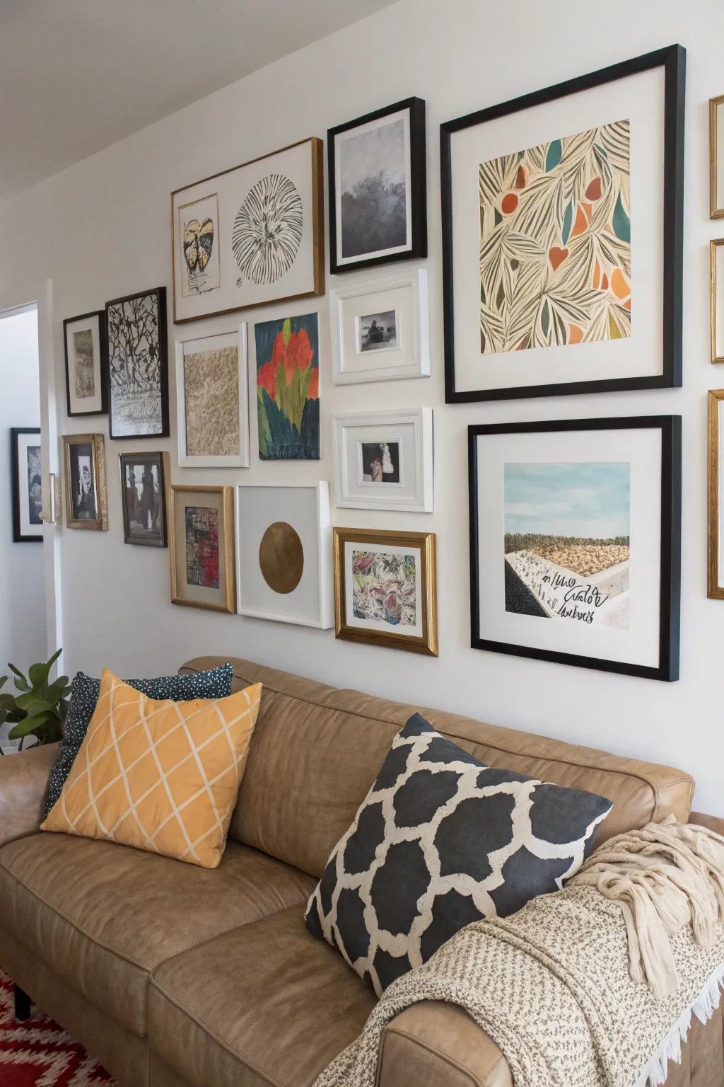 A lively gallery wall that vividly expresses a personal journey.