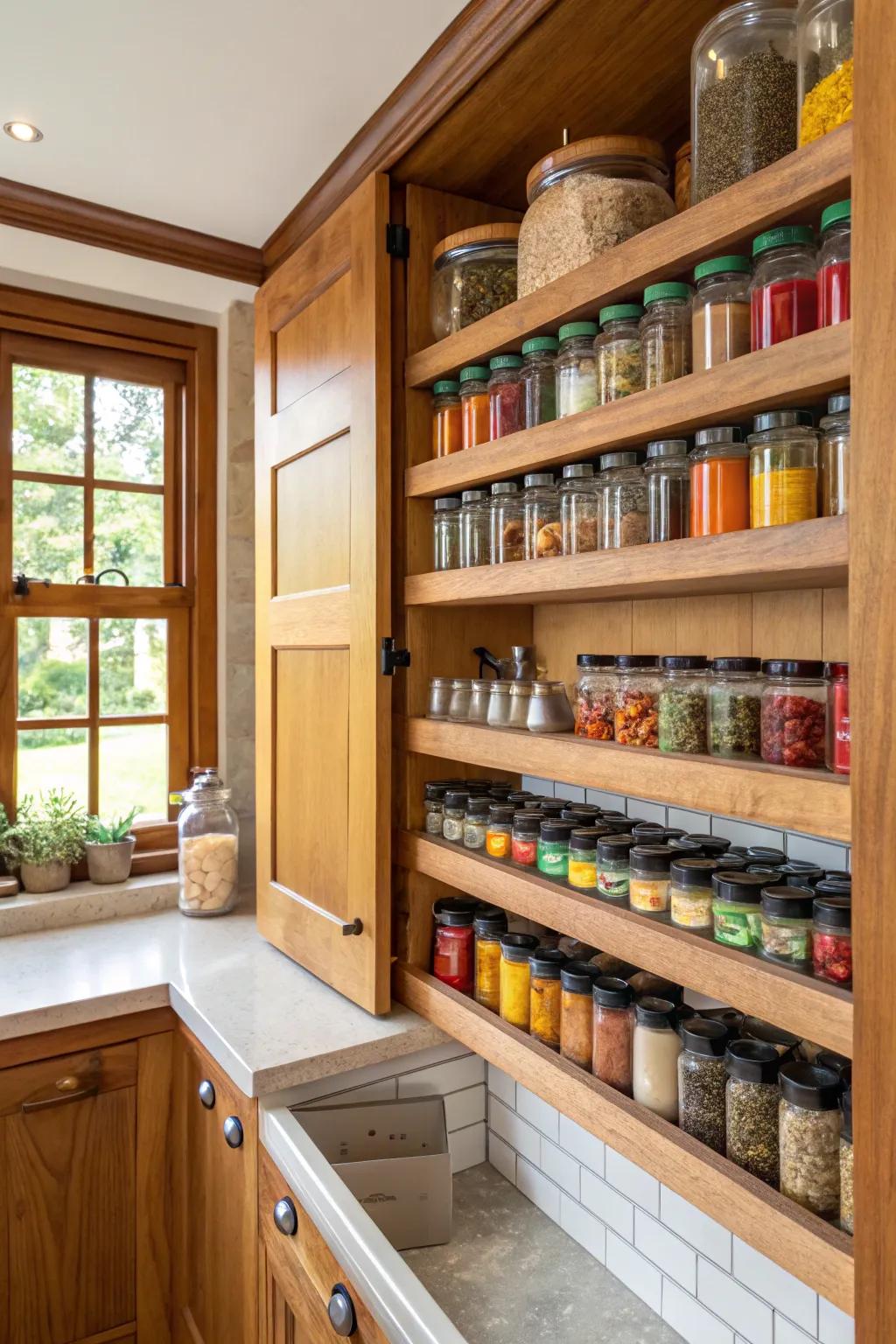 Open shelving imparts a country-style allure to your spice showcase.