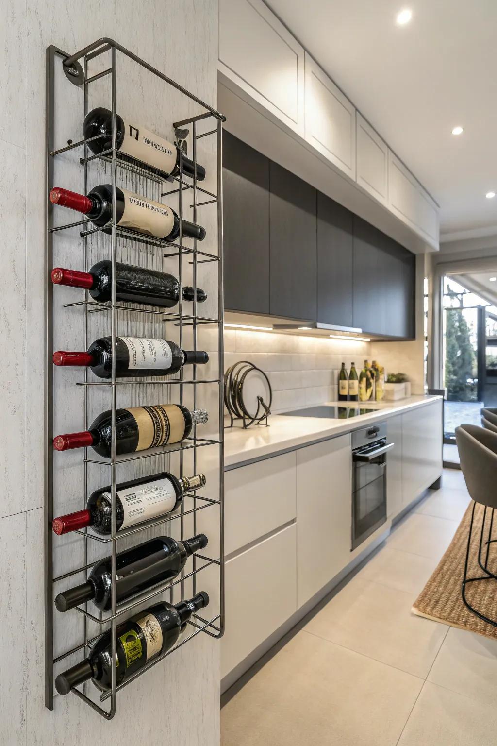 Metallic wine racks impart a refined aesthetic to modern kitchens.