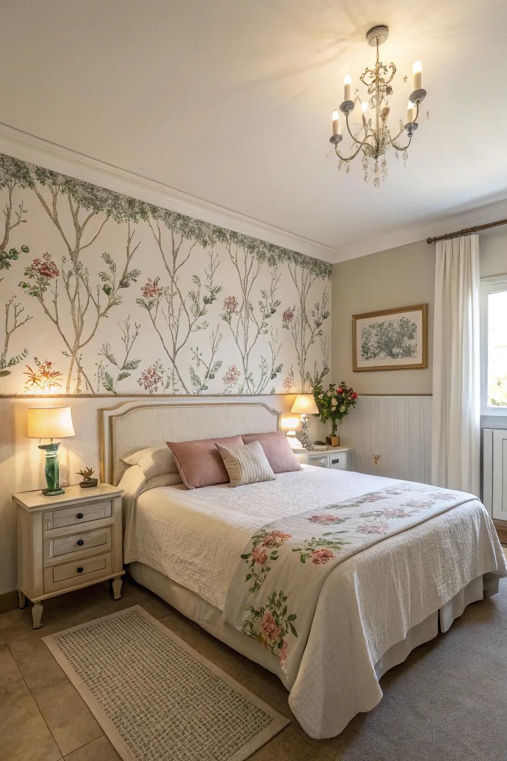 A serene bedroom accentuated by a blossom wallpaper border.