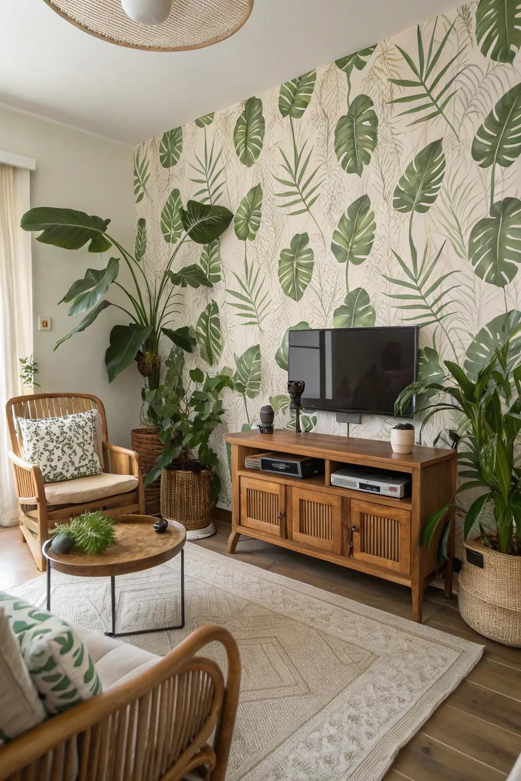 Celebrate nature with botanical wallpaper for a revitalizing living room atmosphere.