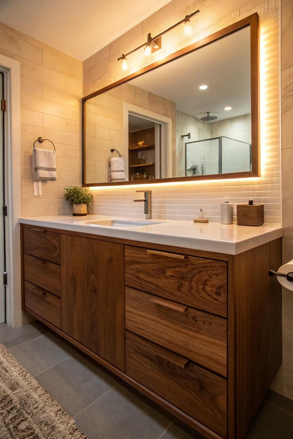 The luxurious, unaltered sheen of walnut imbues any bathroom with a sense of warmth.