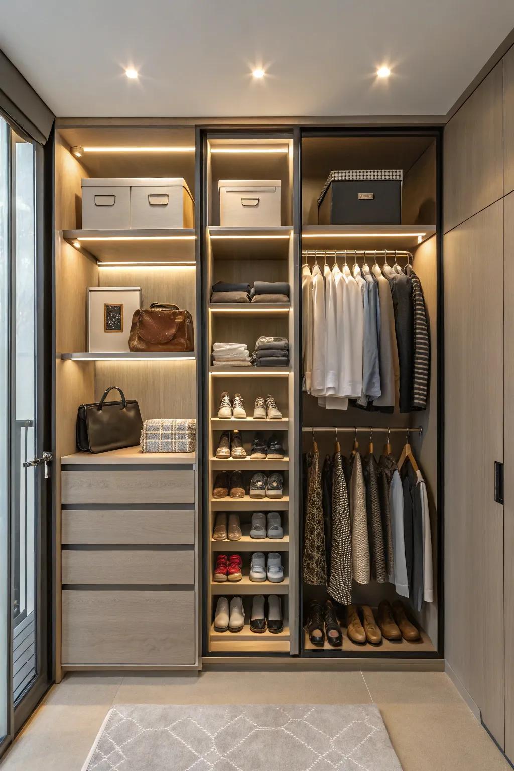 Versatile movable shelving solutions for a dynamic wardrobe design.