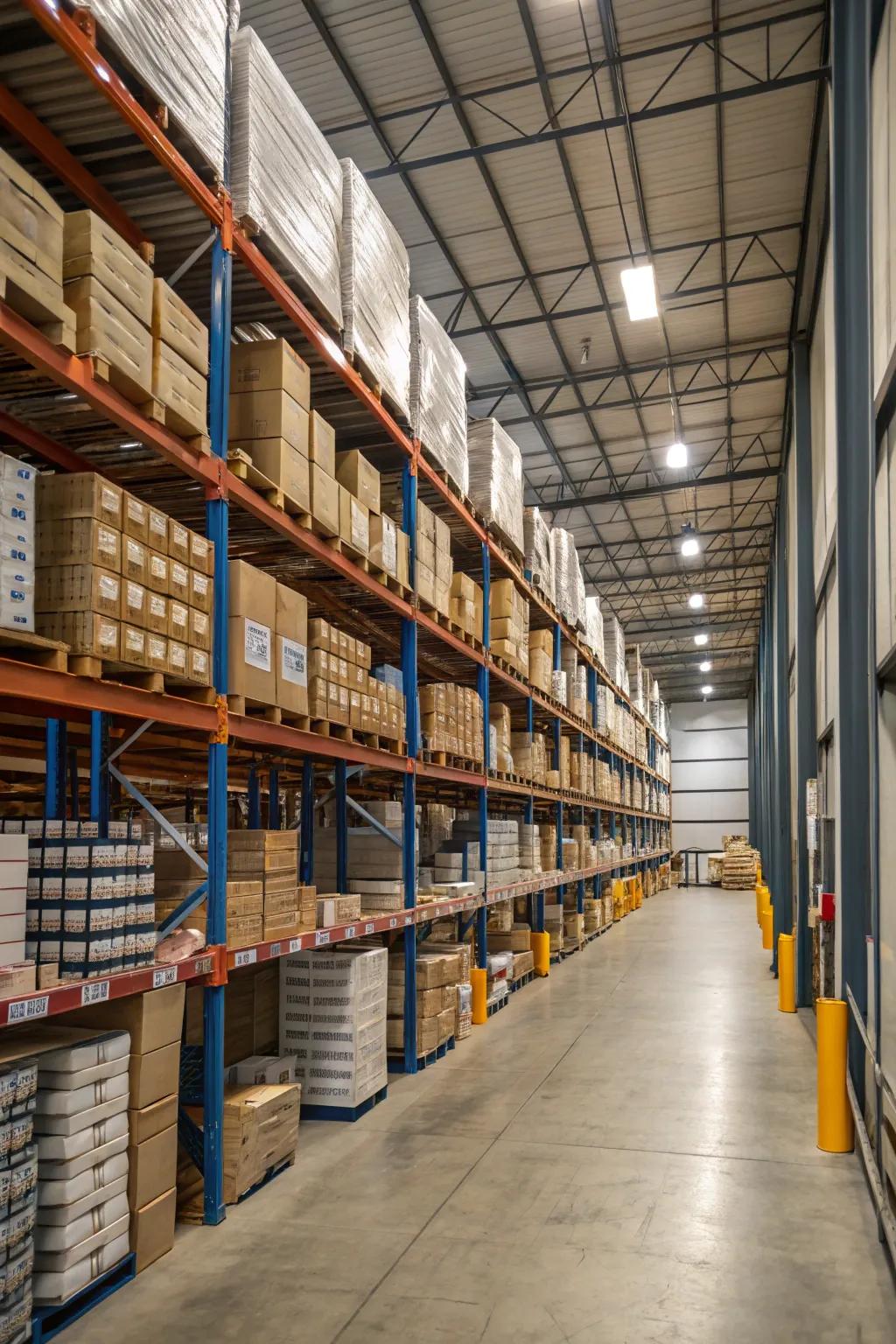 High-reaching shelving units proficiently utilize vertical expanse within a depot ambiance.