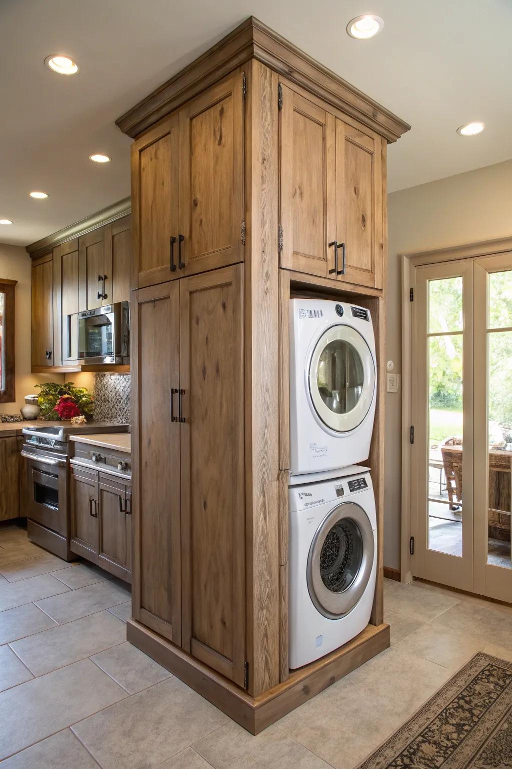 A concealed washer and dryer ensemble behind cabinet doors crafts the perception of a functional pantry.