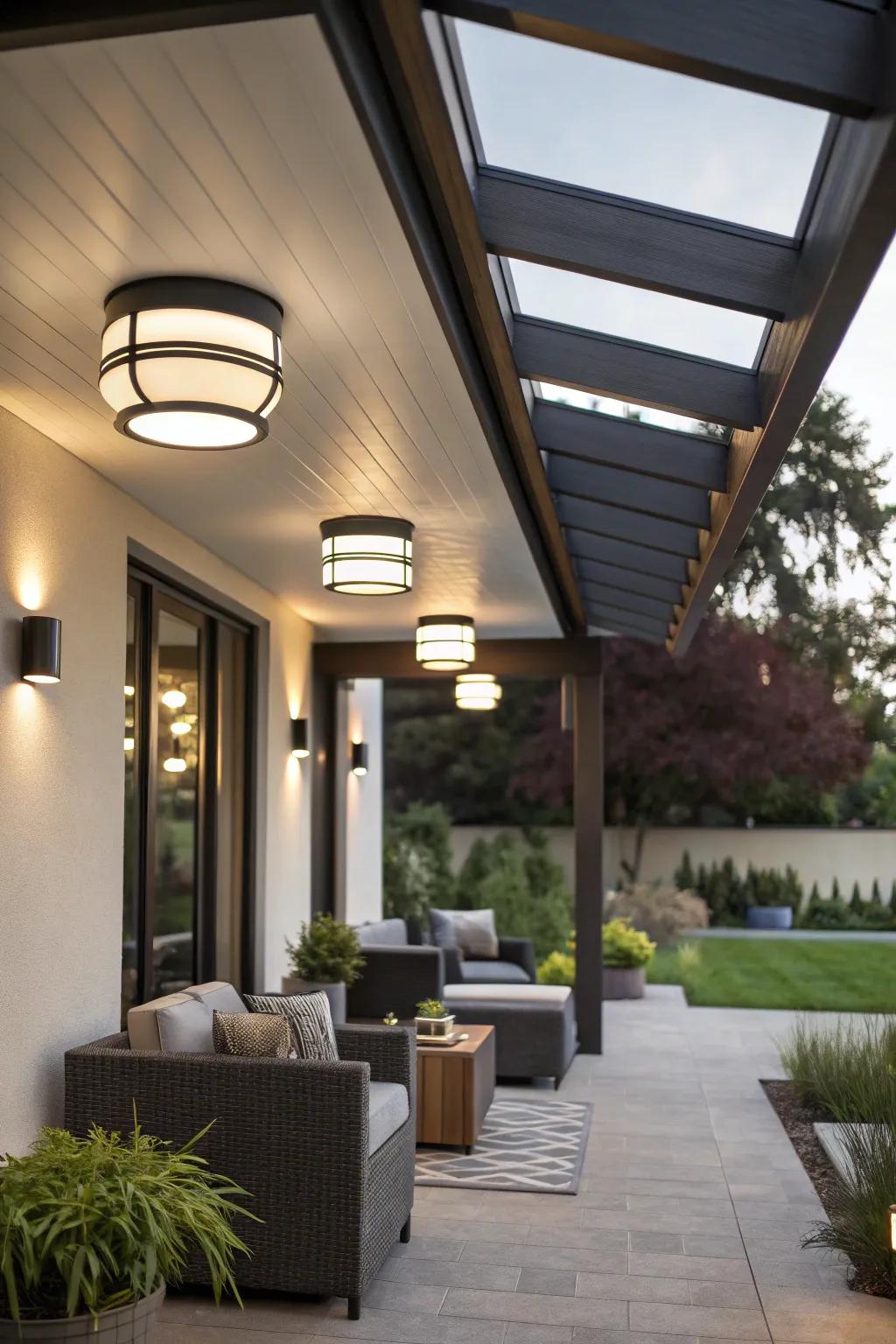 Elegant flush mounts bring a sense of modern refinement to your outdoor area.