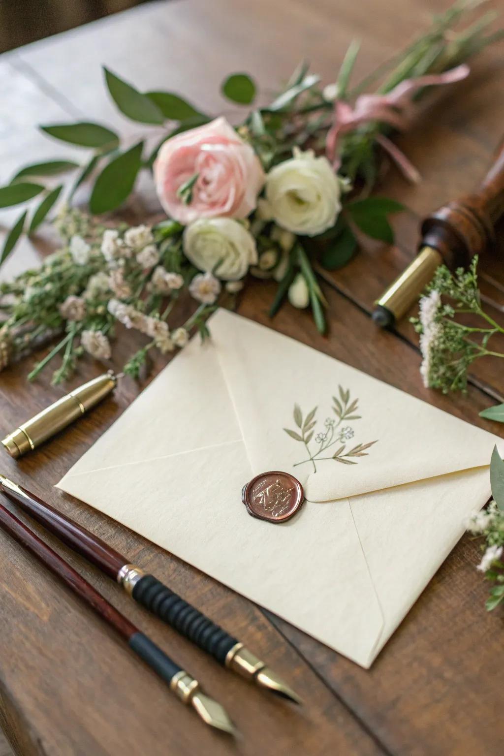 An envelope beautifully adorned with a wax seal, ideal for imbuing a personal element into your correspondence.
