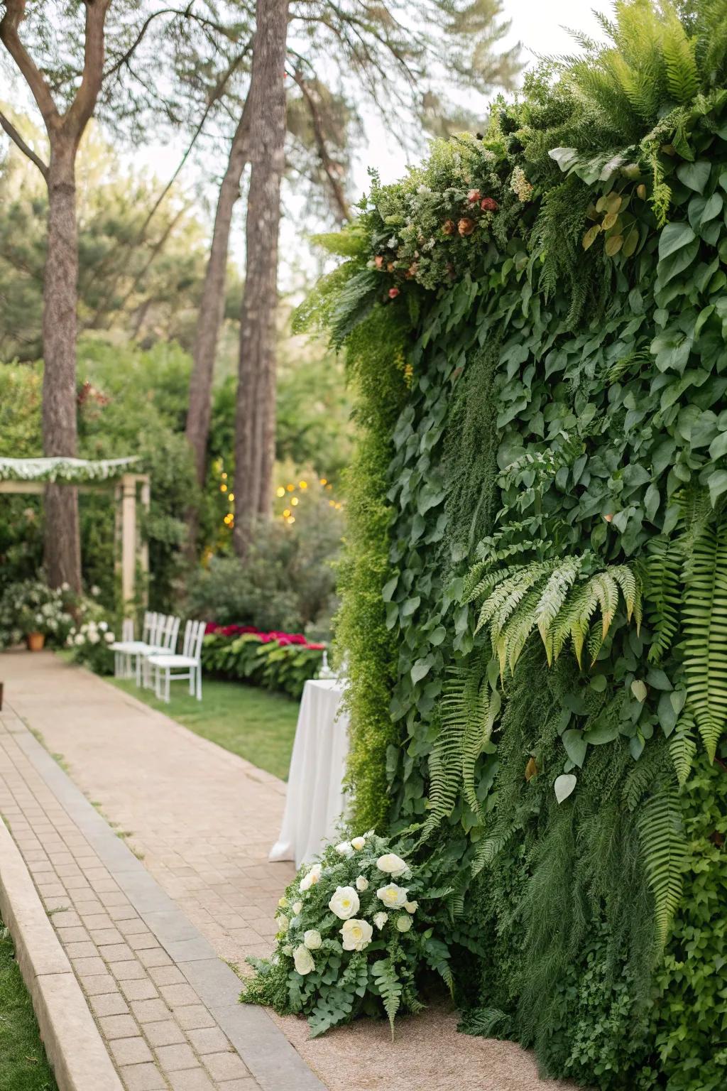 A tranquil wedding setting featuring a flourishing greenery wall.