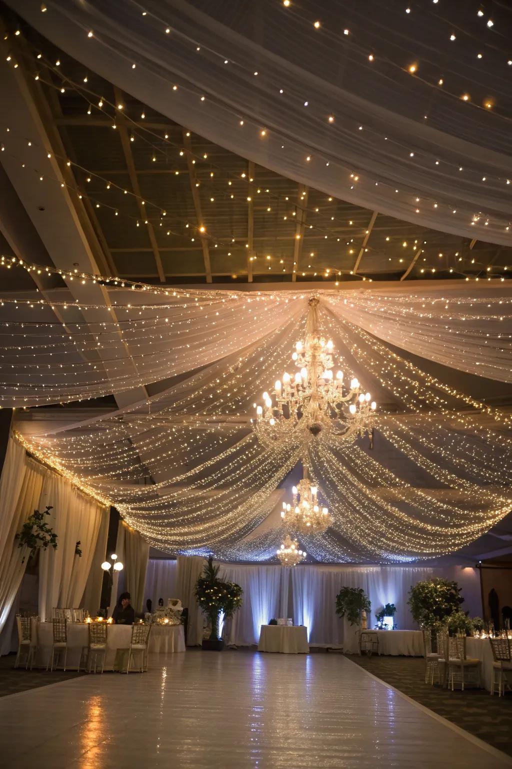 A wedding setting transformed by a canopy of radiant lights.