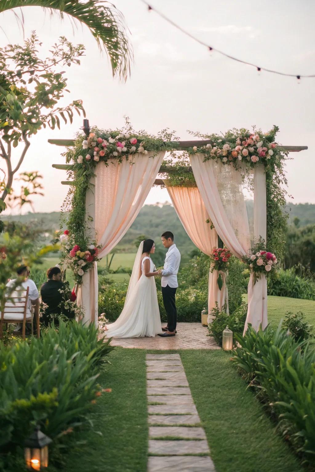 Craft a captivating garden wedding by integrating drapes that harmonize with the natural world.