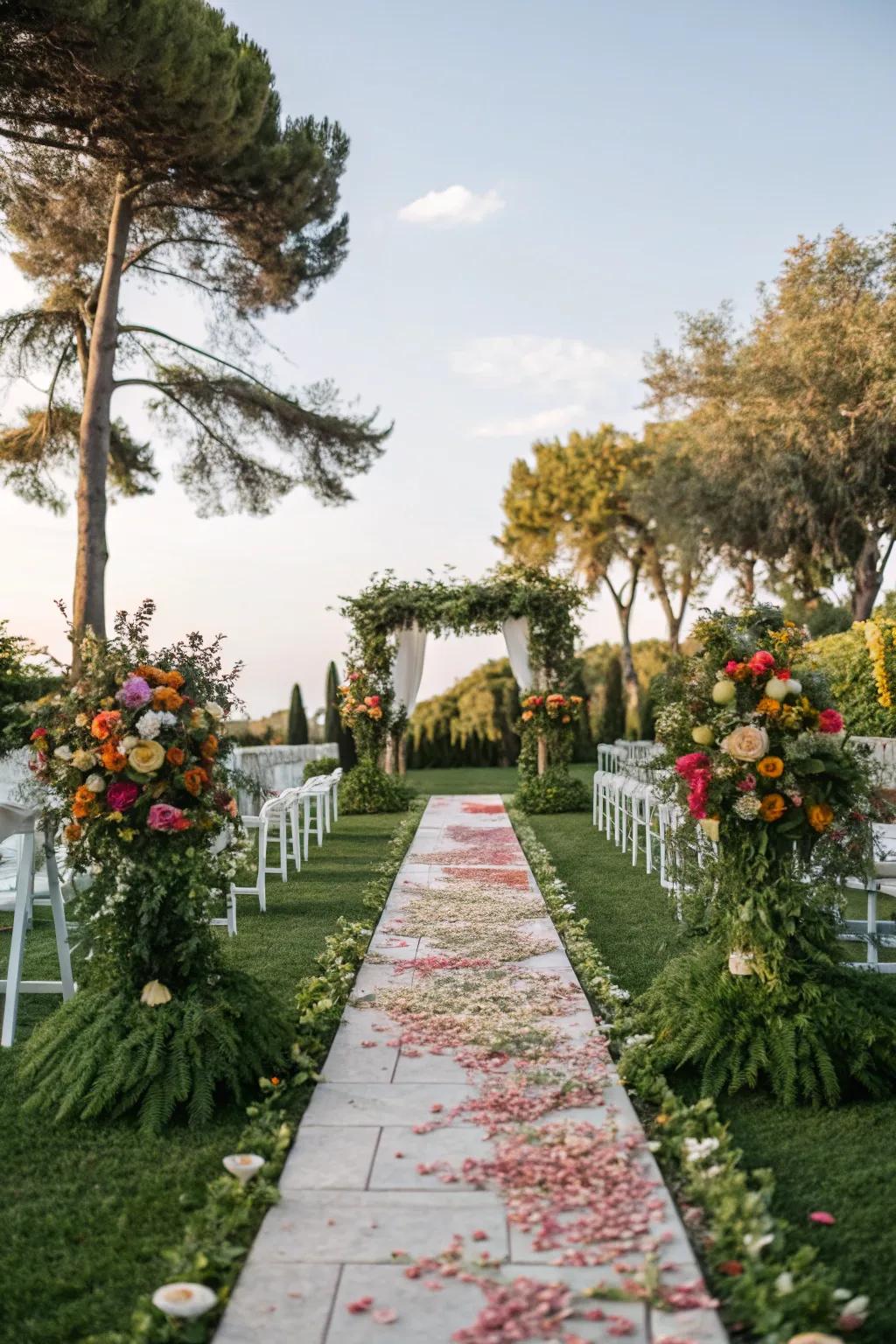 A garden-inspired aisle elegantly decorated with rich greenery and blooms