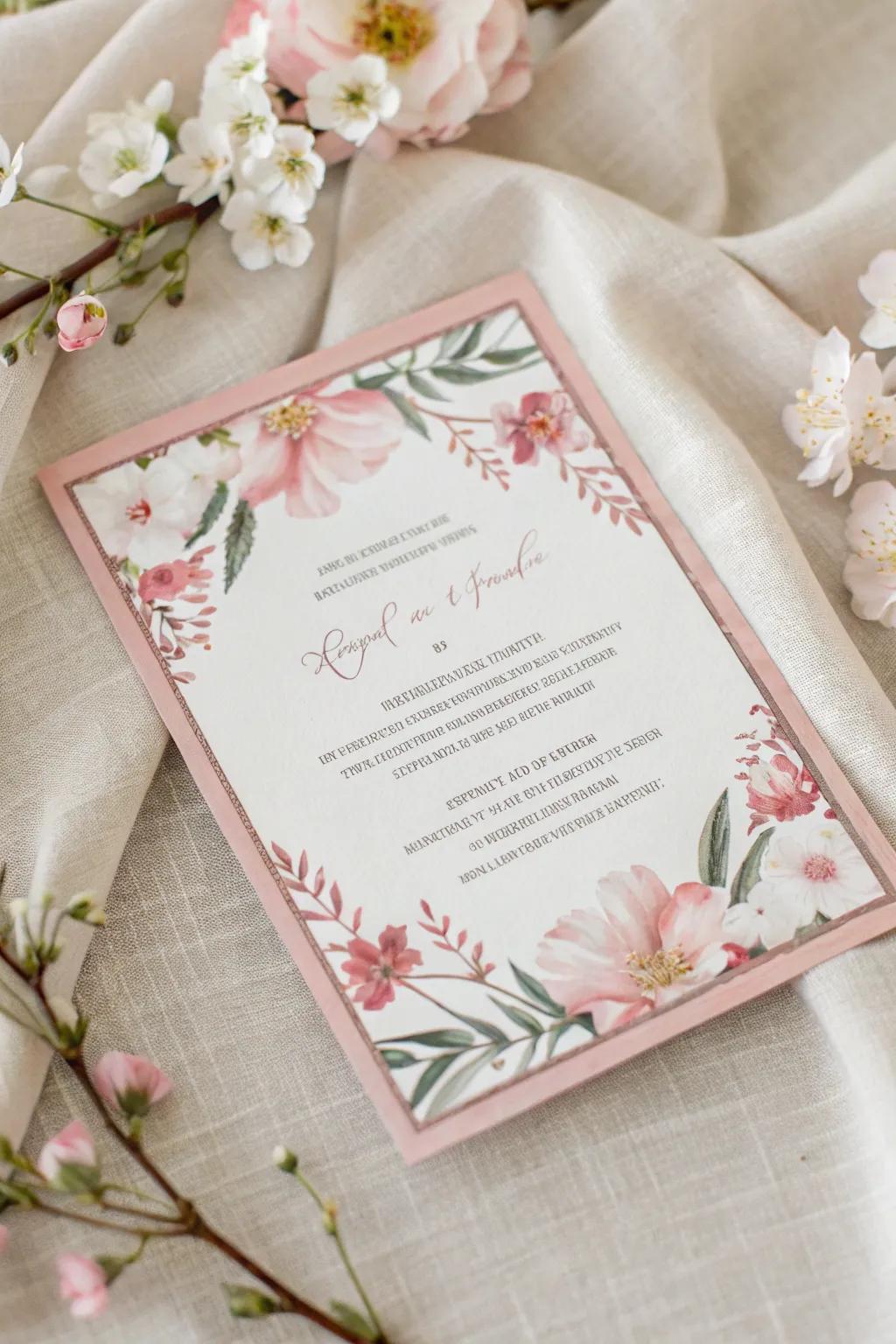 An invitation featuring a delicate floral border set against a linen backdrop.