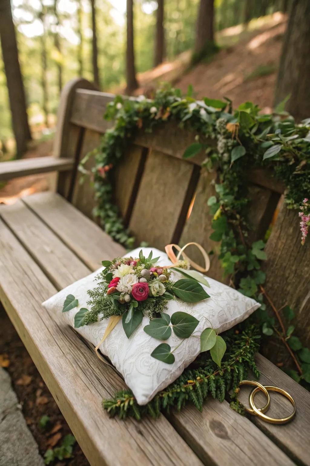 A ring bearer pillow fashioned from abundant greenery and fragile blossoms.