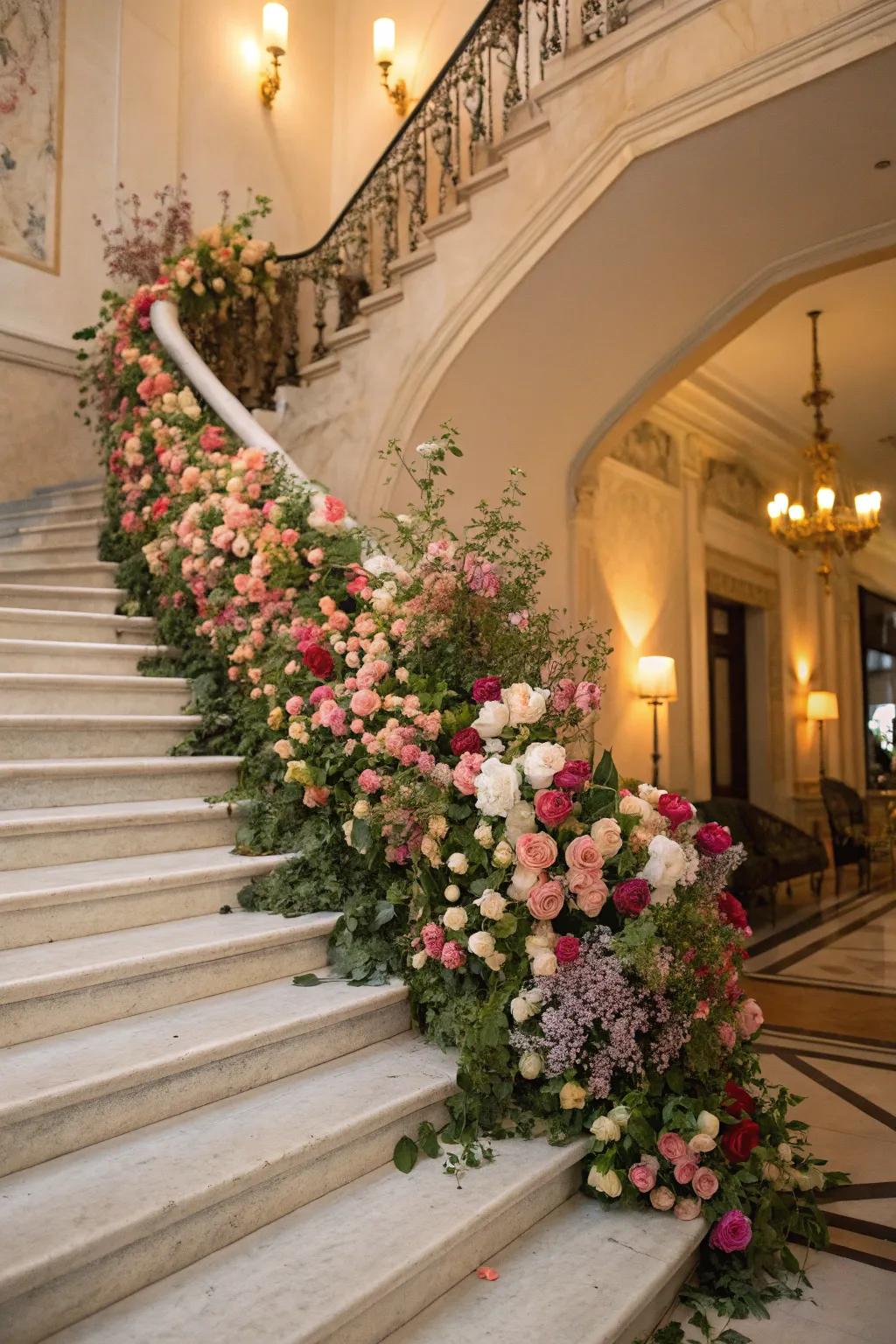 A stairwell metamorphosed into a verdant sanctuary brimming with seasonal blossoms.