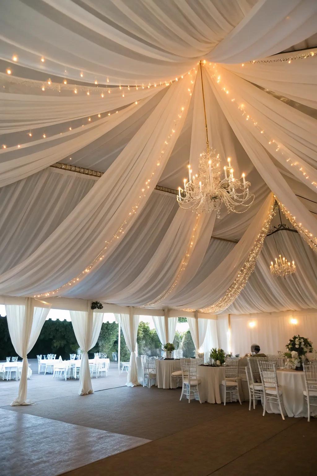Exquisite fabric draping metamorphoses the tent into a sanctuary of sentiment.