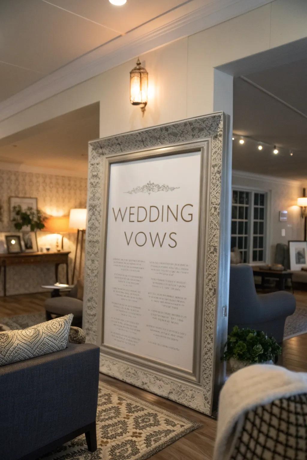 Wedding promises framed with elegance, becoming a captivating addition to a chic living space.