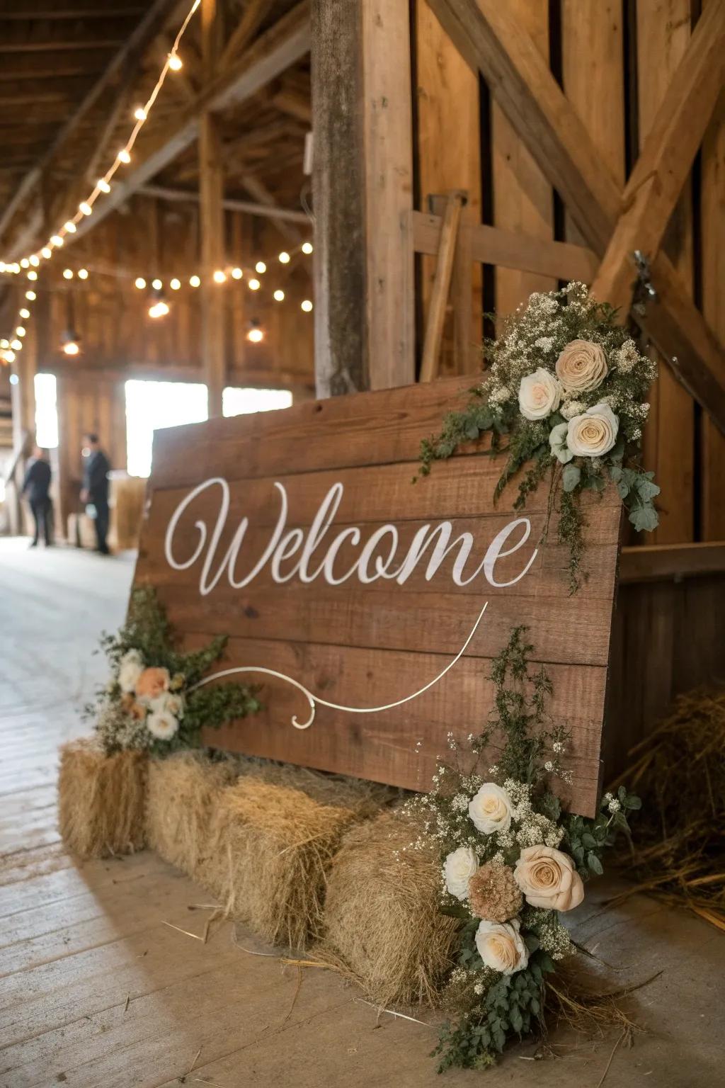An unfinished wood greeting plaque adorned with graceful script, suitable for a barn wedding.