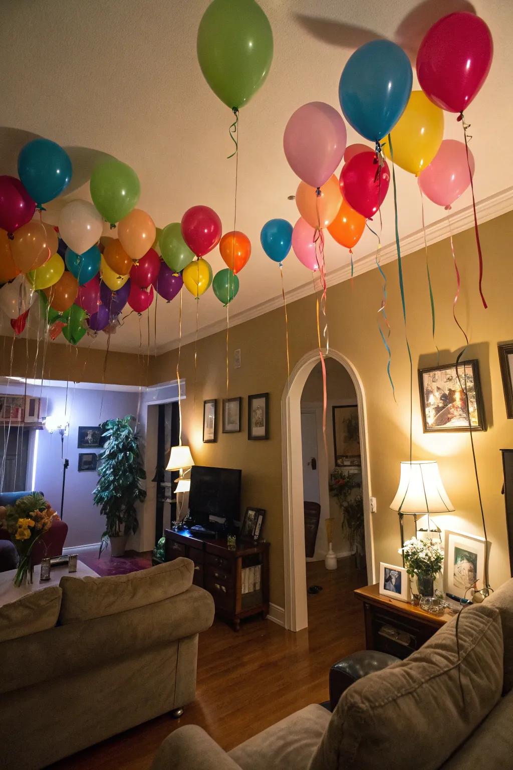 A room completely transformed by the cheerful presence of helium balloons.