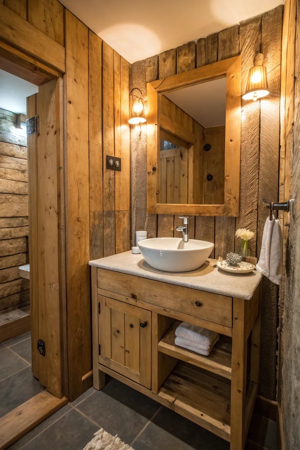 A bathroom featuring a timber vanity and salvaged timber paneling.