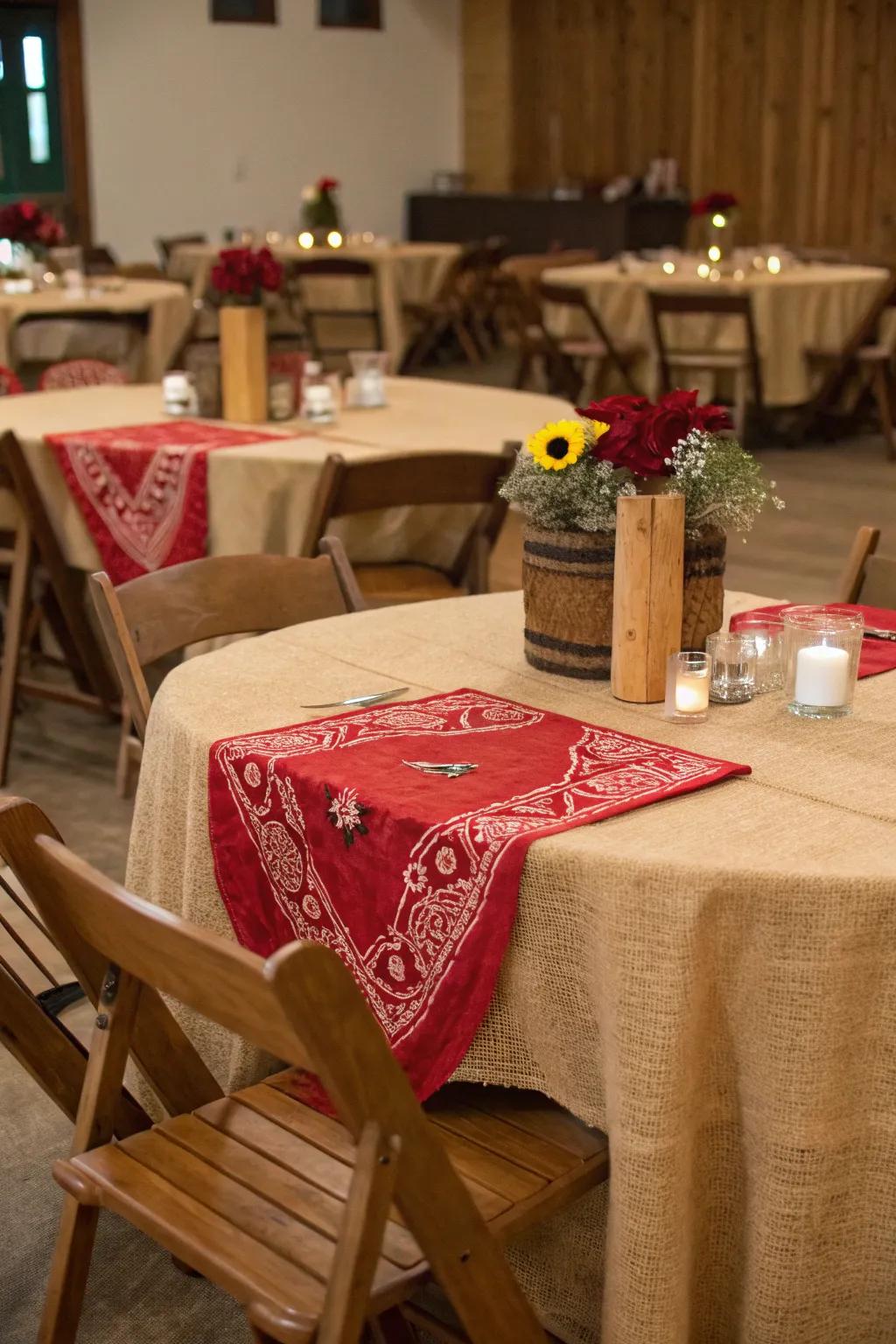 Burlap and bandanas introduce a homespun allure to your Western decorations.