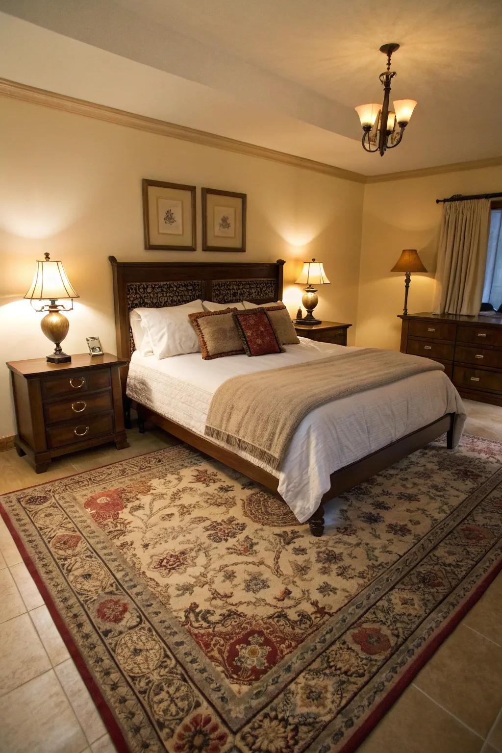 A 7x10 rug gracefully expands beyond a queen bed, presenting a traditional and symmetrical visual.